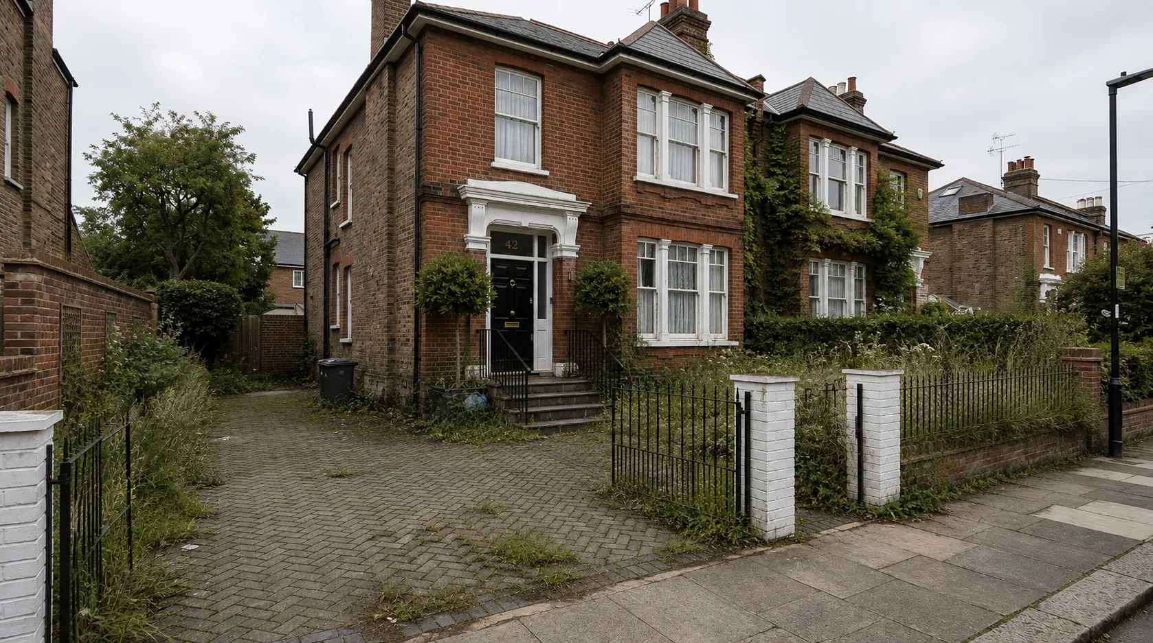 The garden and driveway before: overgrown beds, weeds through the paving