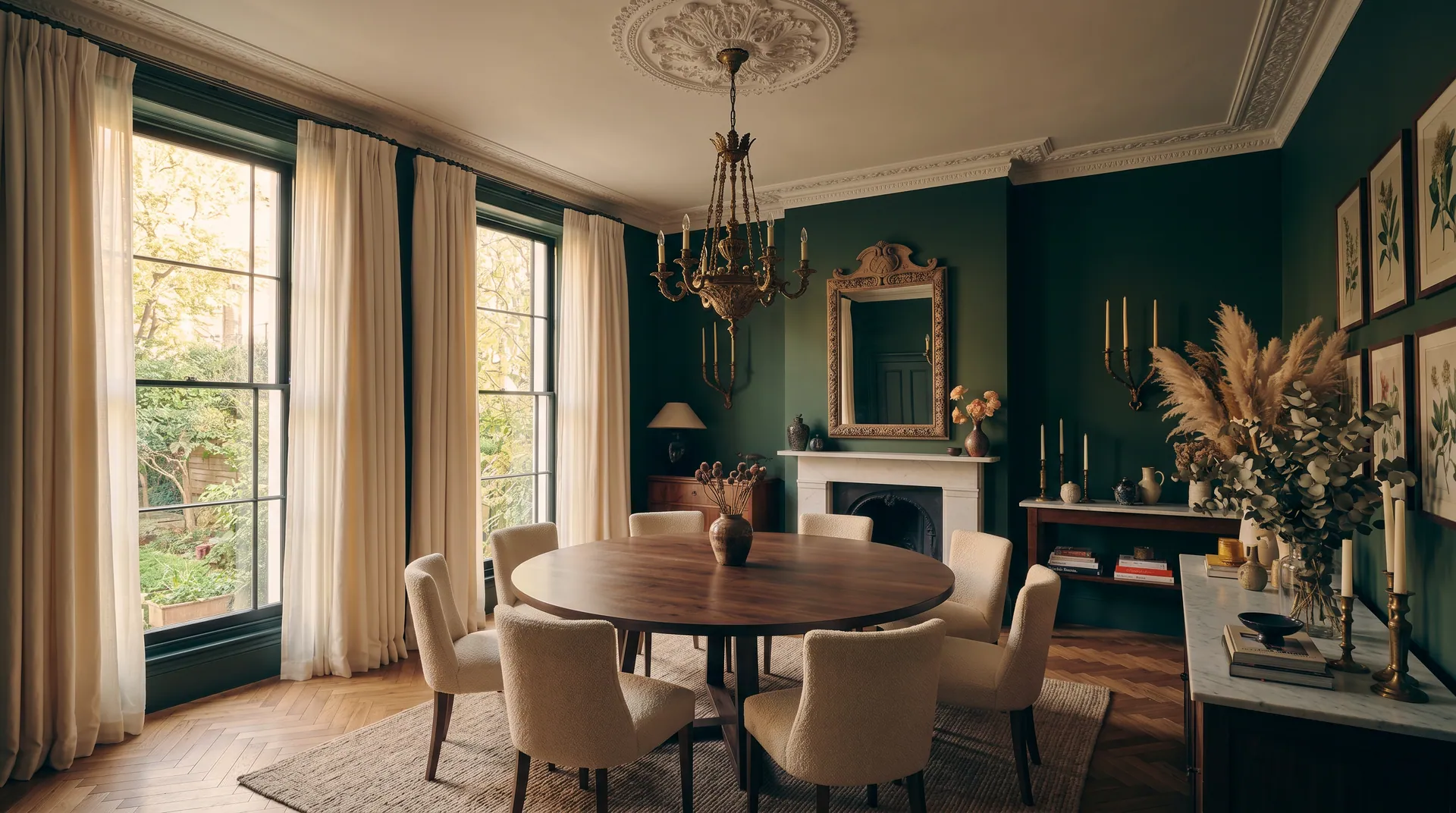 The same dining room after Fettle’s work: fresh paint, restored cornice, warm and finished