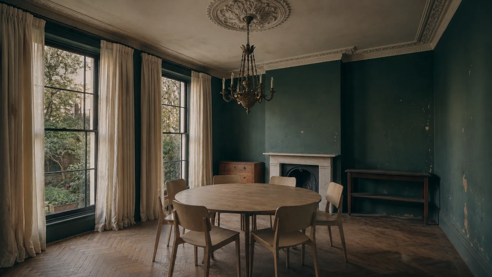 A period dining room before: tired dark walls, bare boards, worn furniture